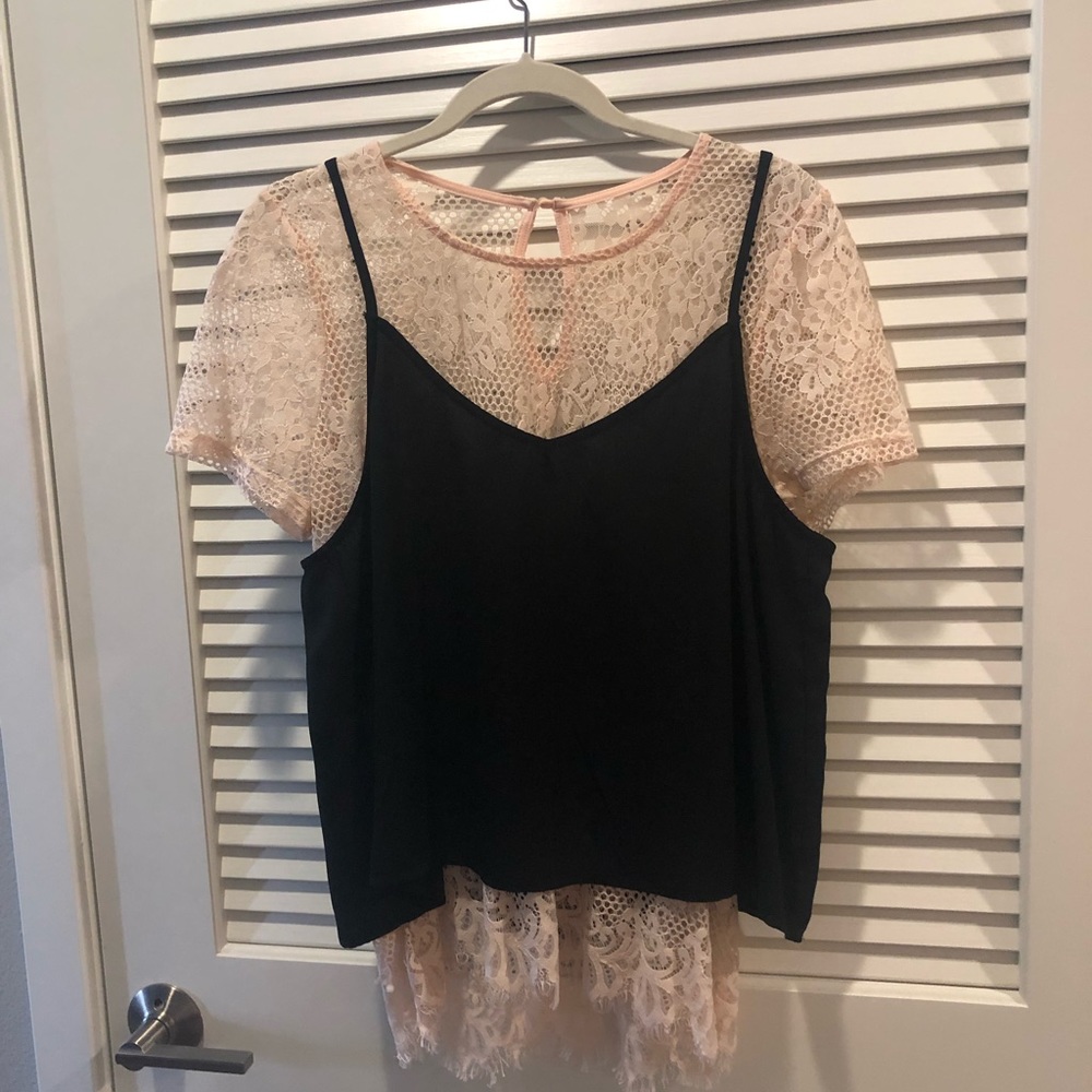 Lightly worn lace top with attached black tank